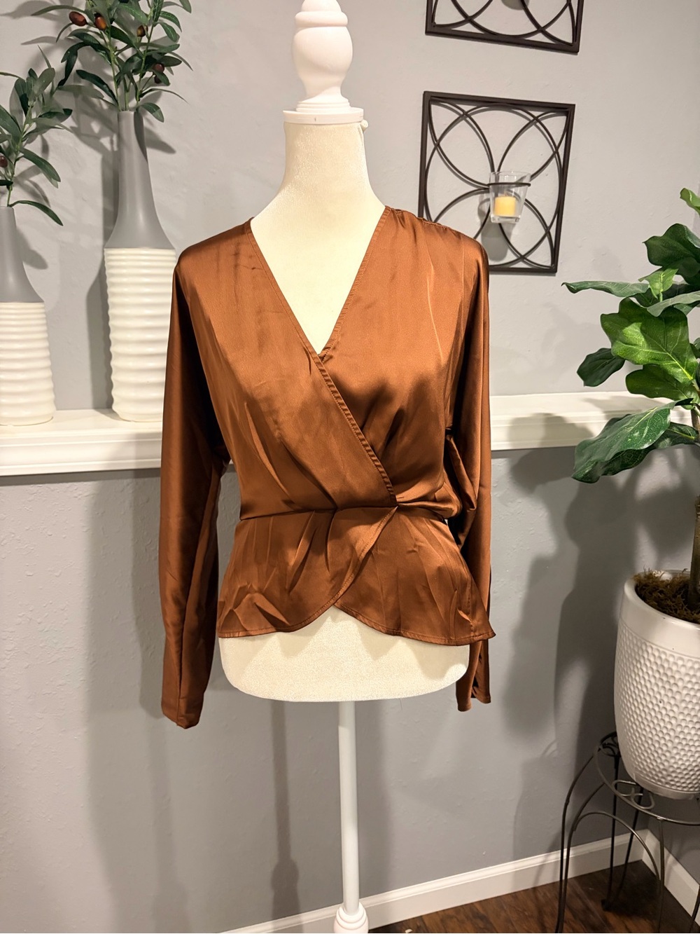 Express Copper Brown Satin Wrap Blouse